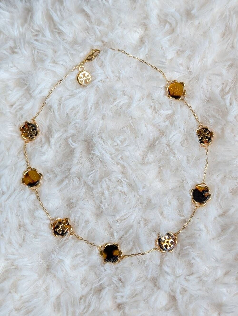 TORY BURCH Walter Gold Flower Tortoise Resin Connector Logo Necklace